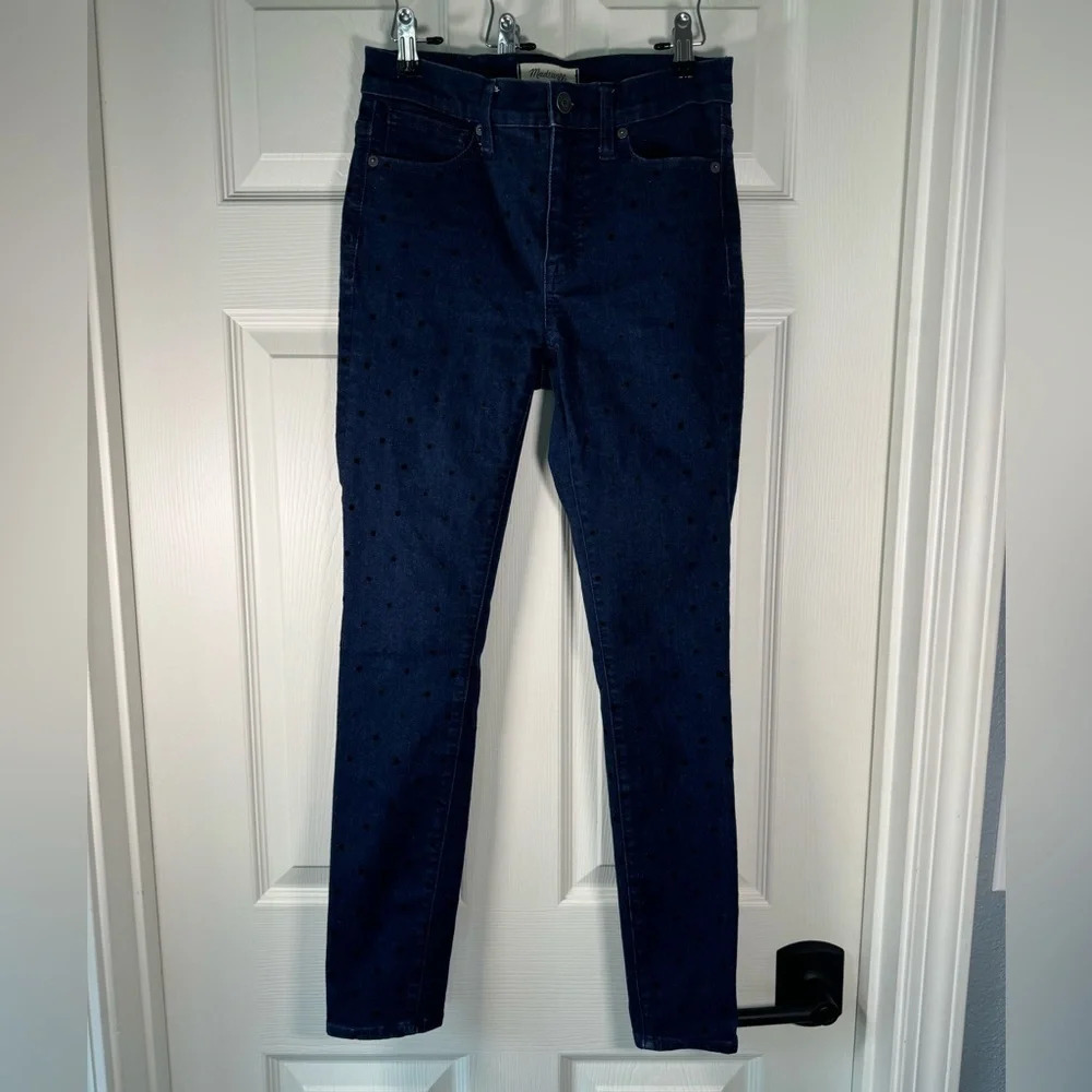 Madewell High Rise Skinny Black Velvet Polka Dot Medium Wash Jeans Size 25